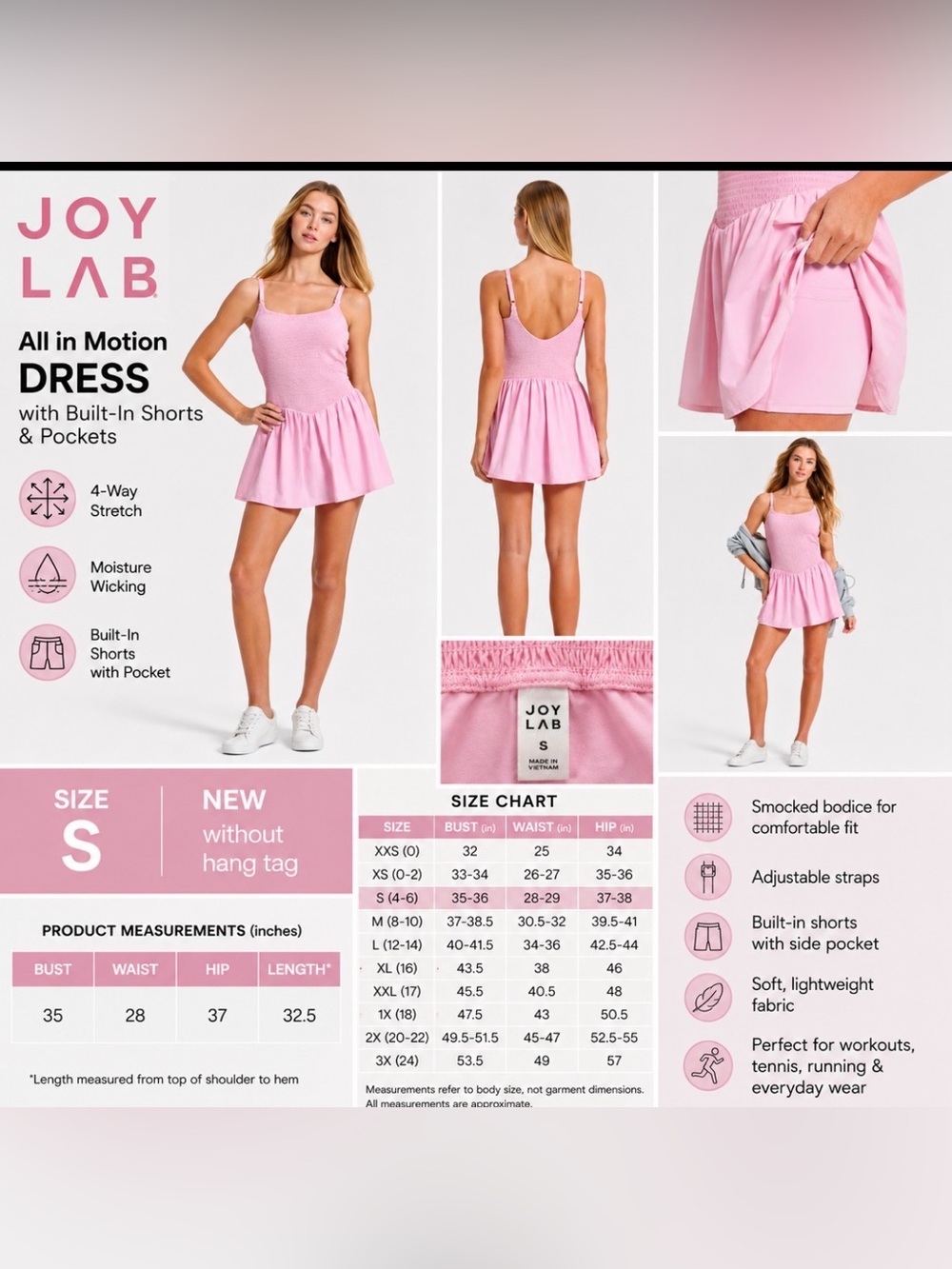JoyLab All in Motion Pink Dress Built-In Shorts Pockets Womens Sz Small NWOT